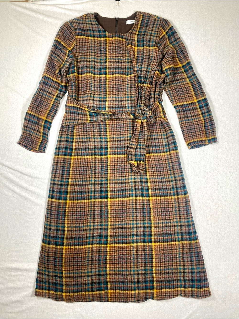 Mango Suit M Plaid Belted Midi Dress Multicolor Brown Teal Yellow